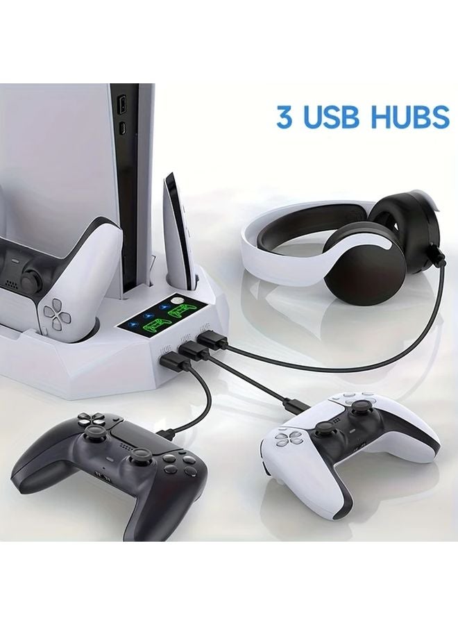 White PS5 Stand With Cooling Fan Dual Controller Charger And Headset Holder For PS5 Slim Console - Image 4